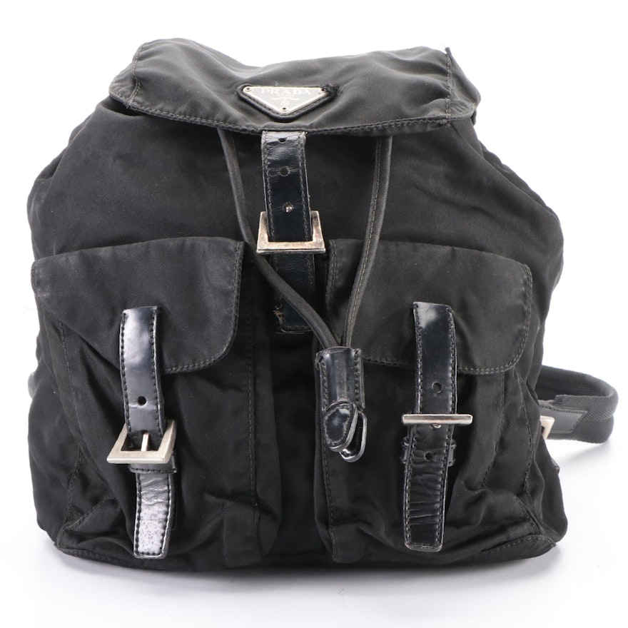 Prada Drawstring Backpack in Black Tessuto Nylon with Leather Trim
