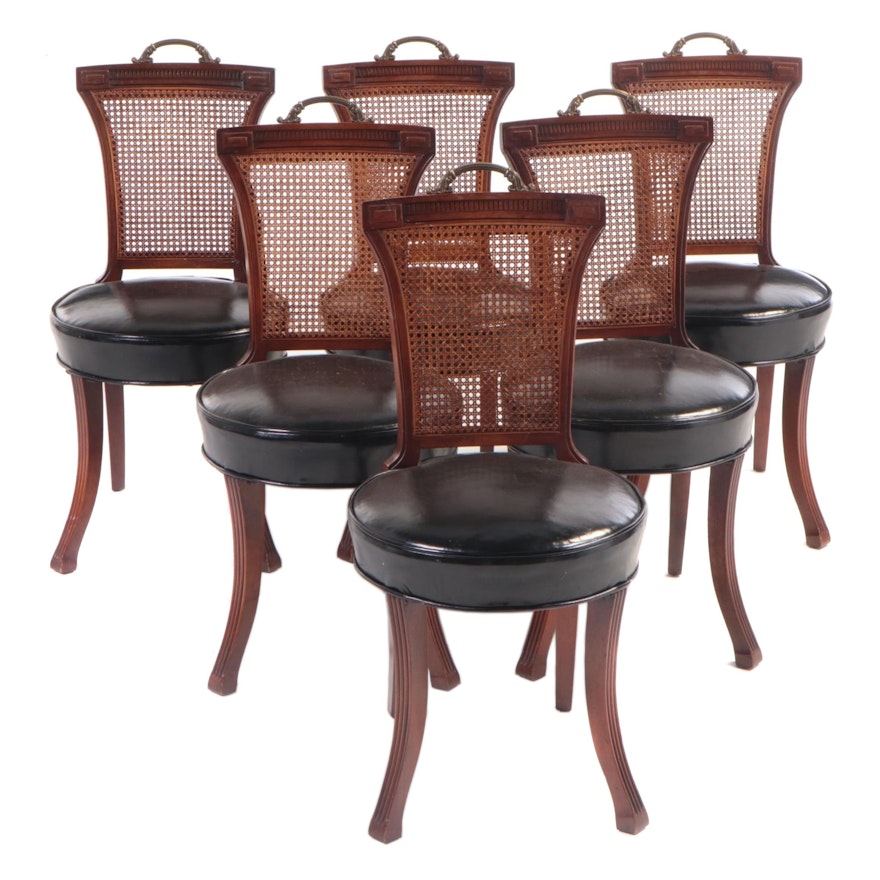 Six Neoclassical Style Brass-Mounted Mahogany, Caned, and Leather Side Chairs