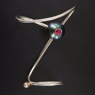 14K Pearl, Ruby and Diamond Martini "with Olive" Cocktail Brooch