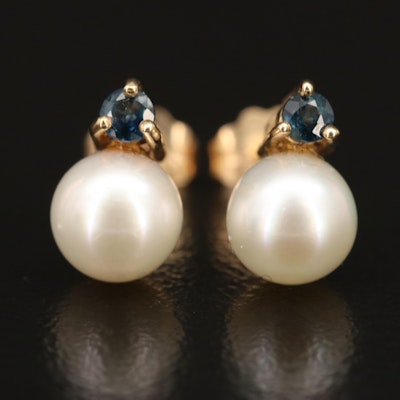 14K Pearl and Sapphire Stud Earrings