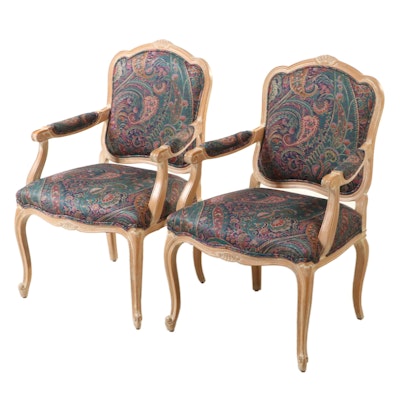 Pair of Louis XV Style Cerused Beech and Custom-Upholstered Fauteuils