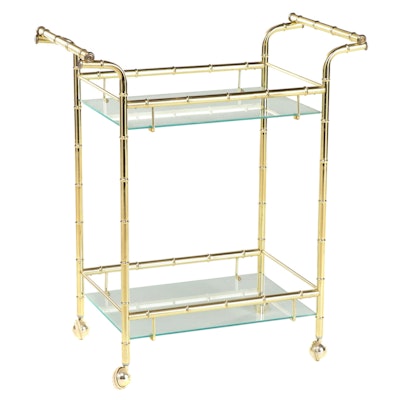 Hollywood Regency Style Brass and Glass Two-Tier Serving Cart
