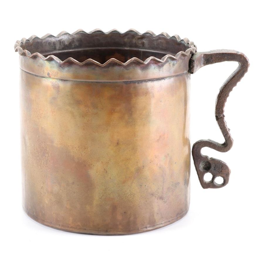 Hammered Copper Water Jug with Scalloped Edge and Brass Handle, 19th Century