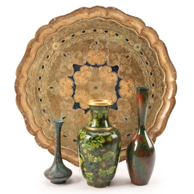 Florentine Style Giltwood Tray with Chinese Cloisonné and Japanese Style Vases