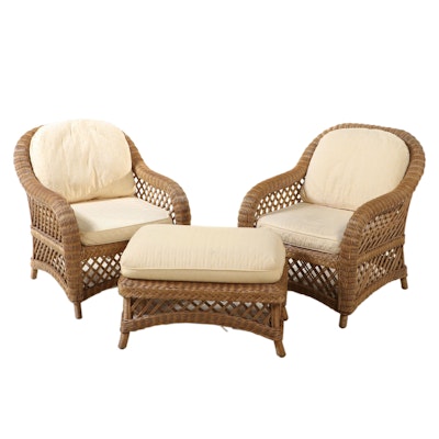 Pair of Wicker Armchairs with Ottoman