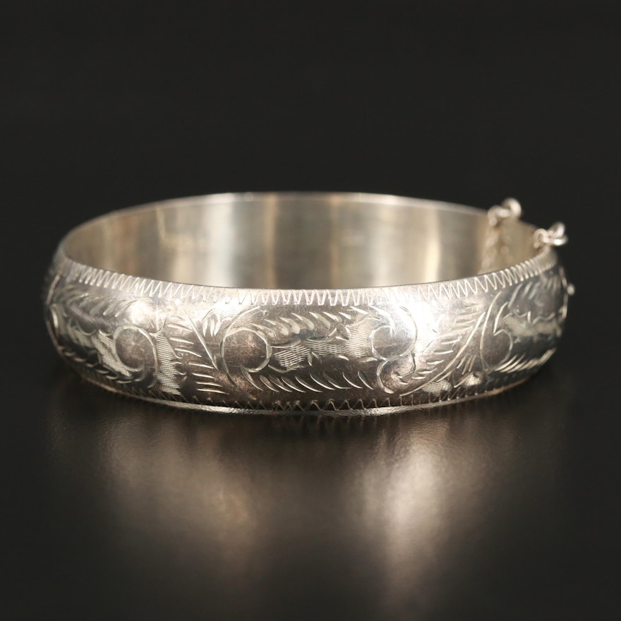 Sterling Etched Hinged Bangle