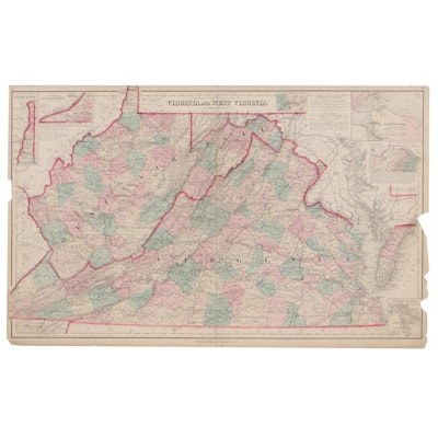 O.W. Gray & Sons Color Lithograph Map of Virginia and West Virginia, 1877
