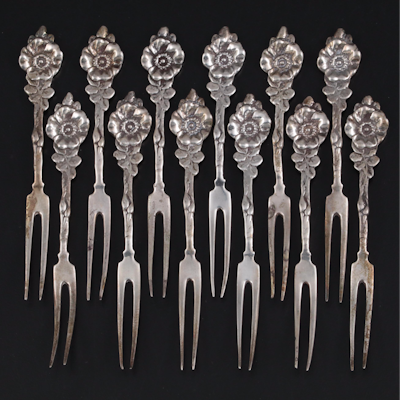American Sterling Silver Wild Rose Cocktail Forks, Mid-20th Century