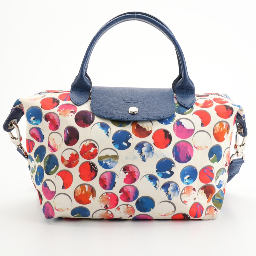 Longchamp Multicolor Dot Print Canvas and Blue Leather Two-Way Tote Bag