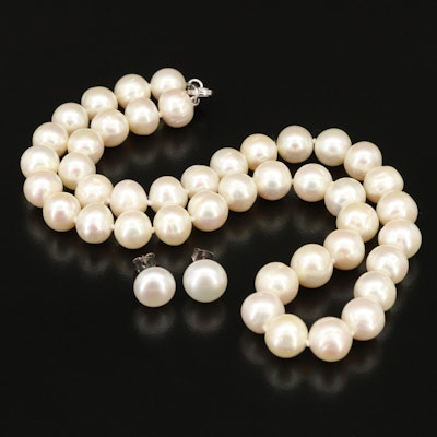 Pearl Necklace with Sterling Clasp and Pearl Stud Earrings