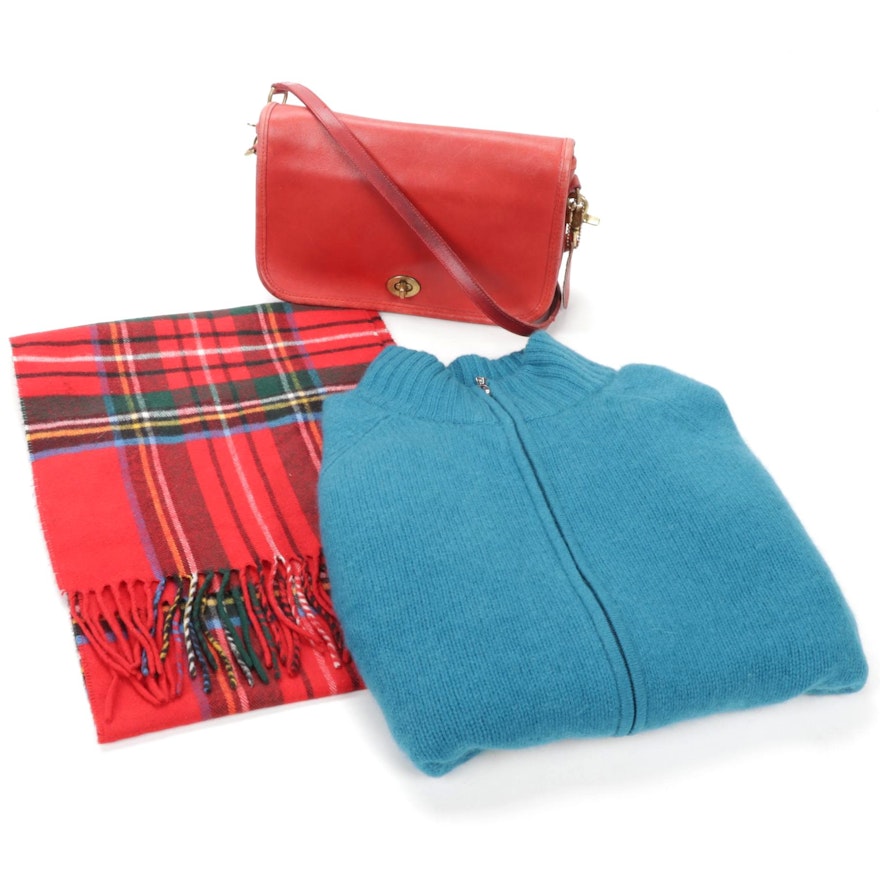 Lord & Taylor Cashmere Sweater, Coach Red Leather Shoulder Bag, Plaid Scarf