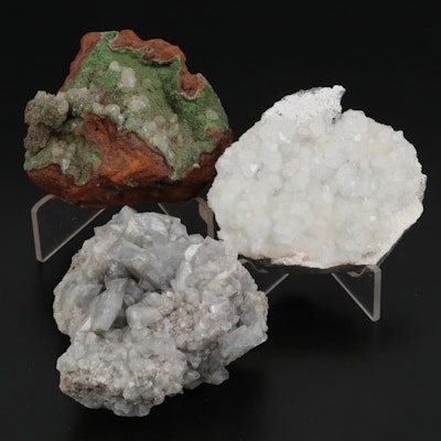 Rough Celestine, Apophyllite on Stilbite, and Conichalcite Mineral Specimens