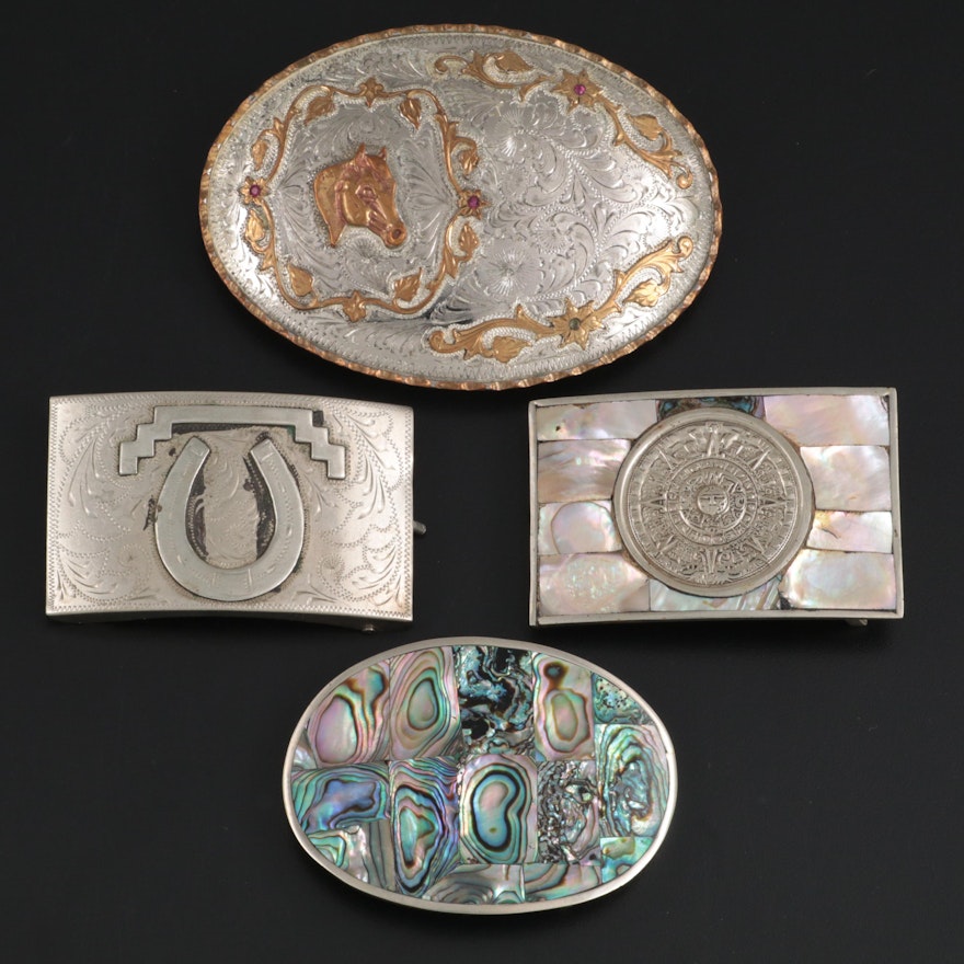Mexican Silver Belt Buckles with Shell Inlay