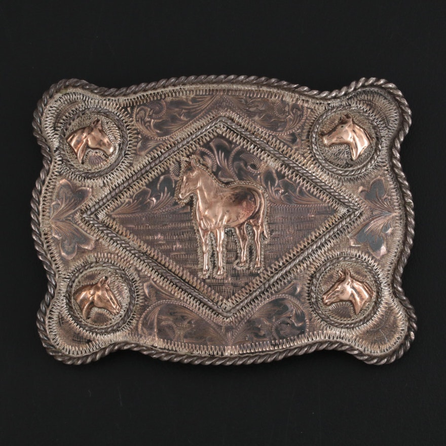 Mexican 10K Sterling Silver Belt Buckle with Horse Motif