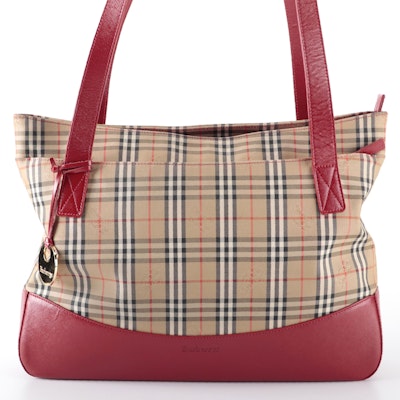 Burberrys Tote Bag in "Haymarket Check" Twill and Red Saffiano Leather