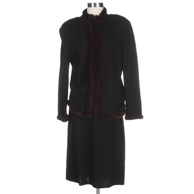 Don Sayres for Wellmore Black Knit Skirt Suit with Mink Fur Trim