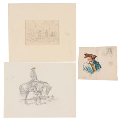 War and Western-Themed Figurative Watercolor and Graphite Sketches