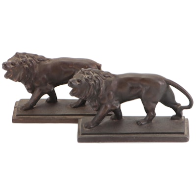 Pair of Solid Bronze Lion Bookends, Mid-20th Century