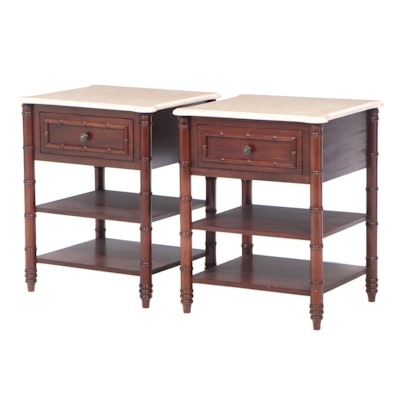 Pair of Arhaus Furniture Mahogany, Faux-Bamboo, and Marble Top Nightstands