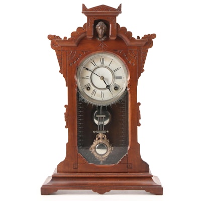 Victorian Eastlake Style Walnut Wood Mantel Clock, Late 19th/ Early 20th C.