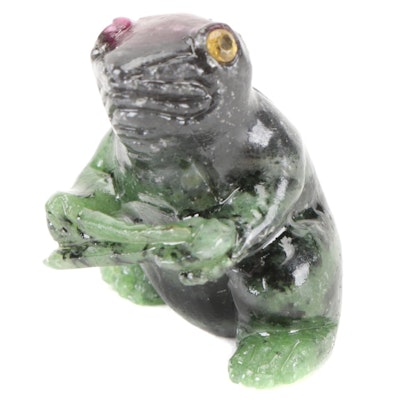 Ruby in Zoisite Frog Figurine with Yellow Sapphire Eyes