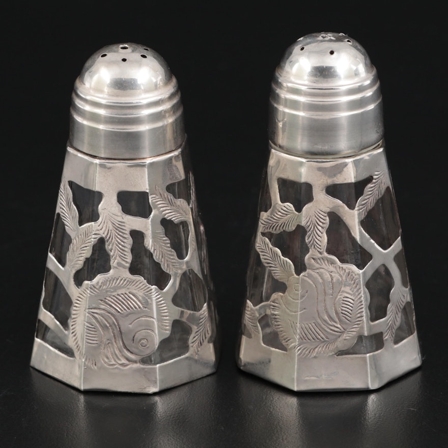 Mexican Sterling Silver Overlay and Glass Shakers, Mid to Late 20th Century