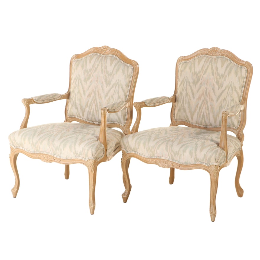Pair of Sherrill Furniture Louis XV Style Custom-Upholstered Beech Fauteuils