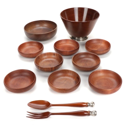 Mid Century Modern Mahogany and Sterling Silver Salad Set and Other Bowls