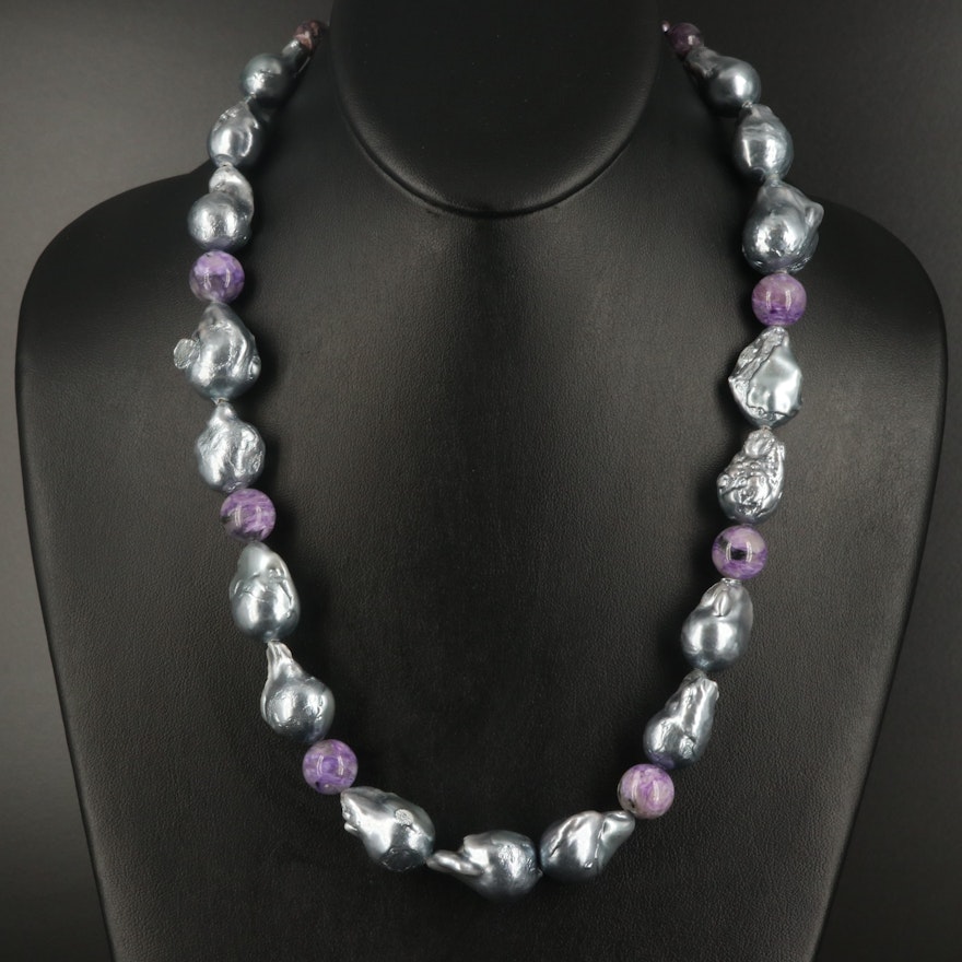 Pearl and Charoite Necklace with Sterling Clasp