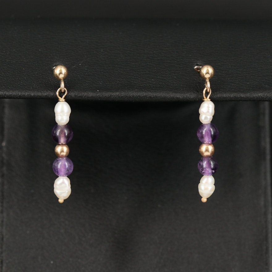 14K Amethyst and Semi-Baroque Pearl Earrings