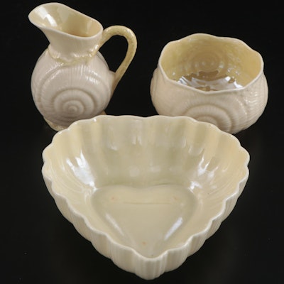 Belleek "Toy Shell" Porcelain Creamer and Sugar with Heart Shaped Bowl