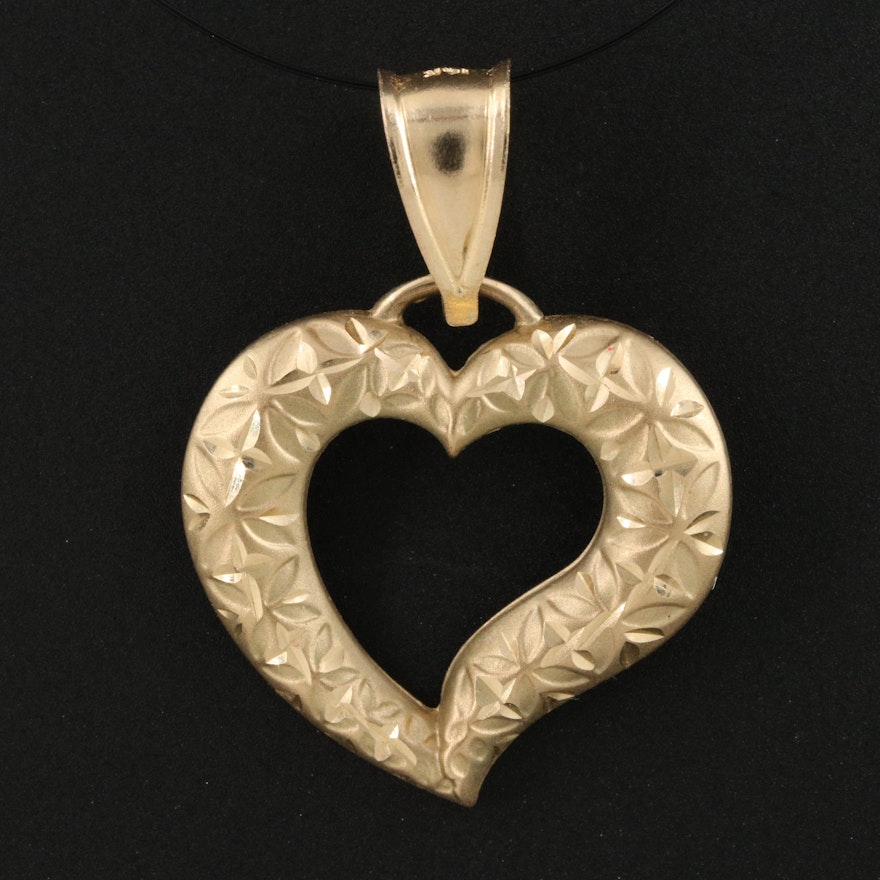 14K Flower Embossed Heart Pendant with Diamond Cut Accents