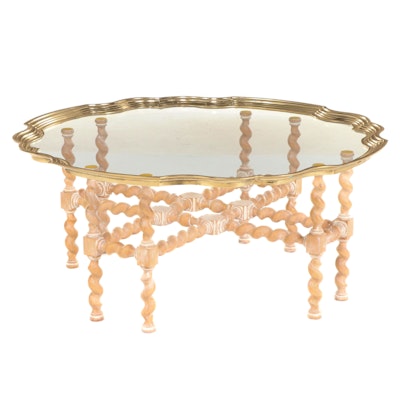 Baroque Style Cerused Wood Barley Twist Coffee Table w/ Brass-Trimmed Glass Top