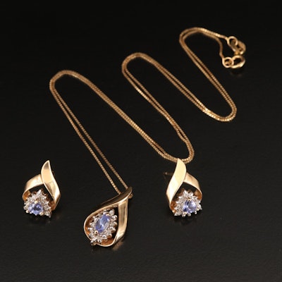 10K and 14K Tanzanite and Diamond Necklace and Earring Set