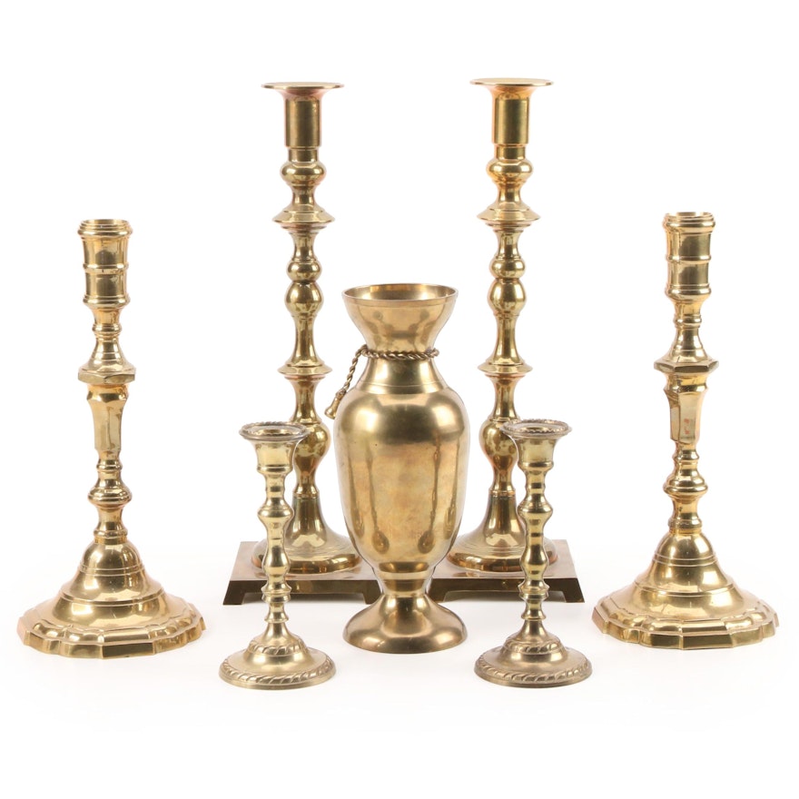 Castilian Imports Brass Vase with Candlesticks, Late 20th Century