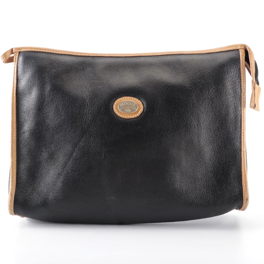 Gucci Plus Black Zip Pouch with Brown Leather Trim