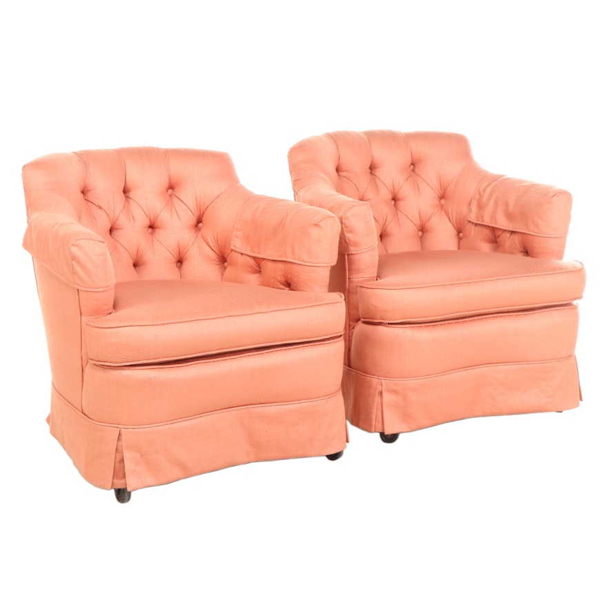 Pair of Custom-Upholstered Buttoned-Down Rolling Tub Chairs, Late 20th Century