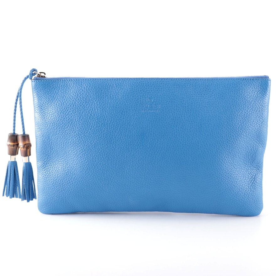 Gucci Bamboo Tassel Clutch in Blue Pebble Leather