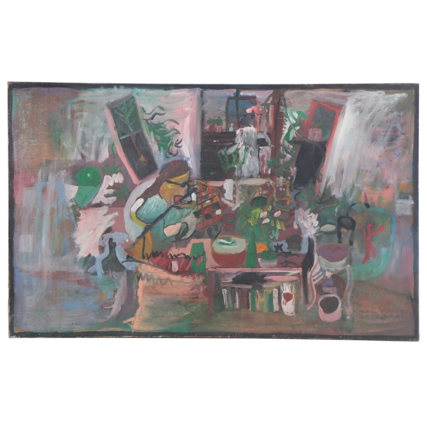 Chuck Barr Abstract Oil Painting of Interior Scene, Late 20th Century