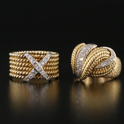 Italian 18K 0.34 CTW Diamond Knot Ring with 14K 0.32 CTW X Cable Ring