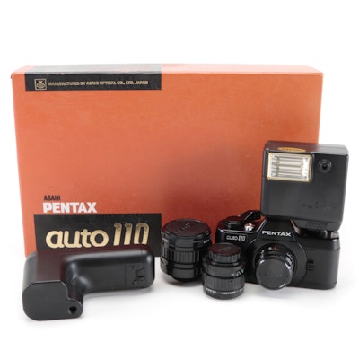 Asahi Pentax Auto 110 SLR Camera with Lenses, Flash, 1979