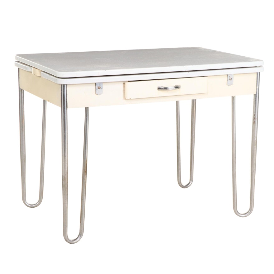 Art Deco Chrome, Painted Wood, and Enamel-Top Kitchen Draw-Leaf Table, c. 1930