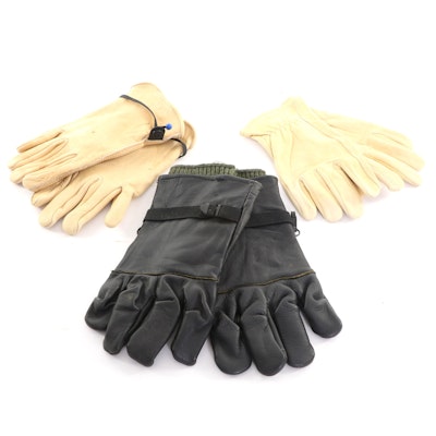 Men's Wool-Lined Black Leather Utility Gloves and Women's Cream Leather Gloves