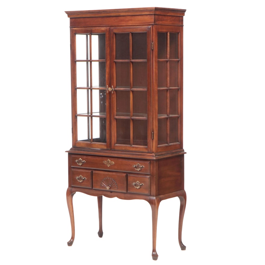 Queen Anne Style Cherry Two-Piece Illuminated China Cabinet, Late 20th Century