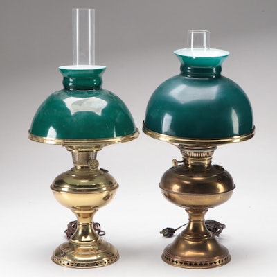 Aladdin No. 6 and Other Brass Converted Oil Table Lamps with Cased Glass Shades