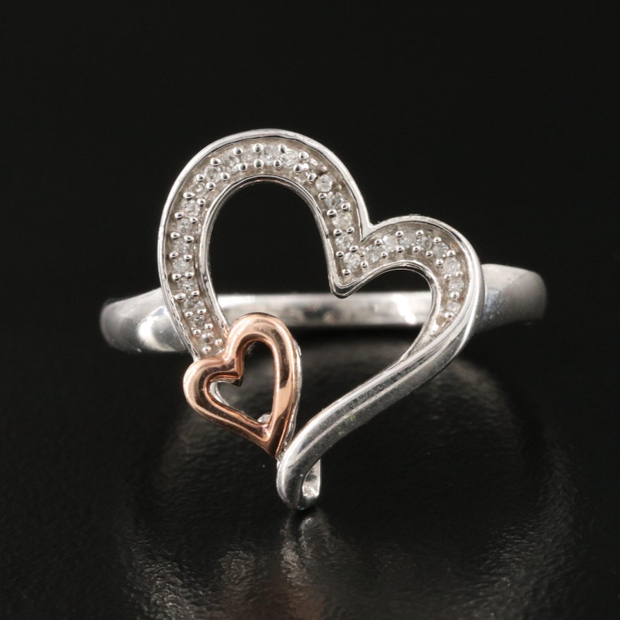 Sterling Diamond Ring with 10K Rose Gold Heart Accent