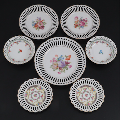 Dresden Style German Porcelain Priced Rim Plates and Bowls, Early to Mid 20th C.