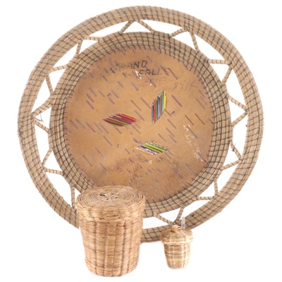 Birch Bark Lined Basket with Other Lidded Baskets, 20th Century