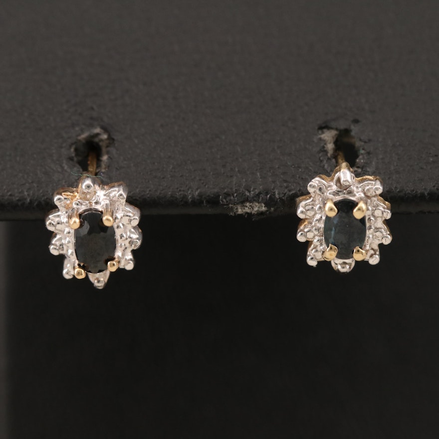 10K Sapphire Stud Earrings with Diamond Halos