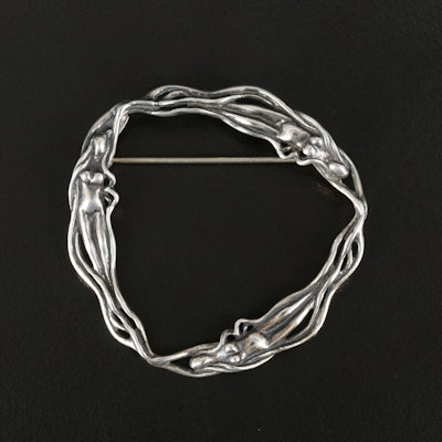 Art Nouveau Style Sterling Flowing Females Circle Brooch